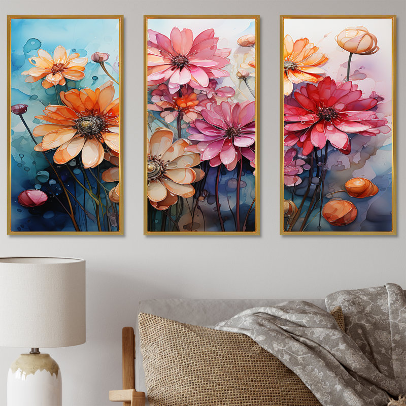 «Colorful Daisy Blossoming Abstraction III - Daisies», ensemble d'art mural sur toile, Cadre flottant doré