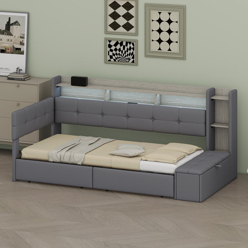 Lit de jour rembourré avec repose-pieds de rangement, tablettes, tiroirs, charge USB et lumière DEL, Gris