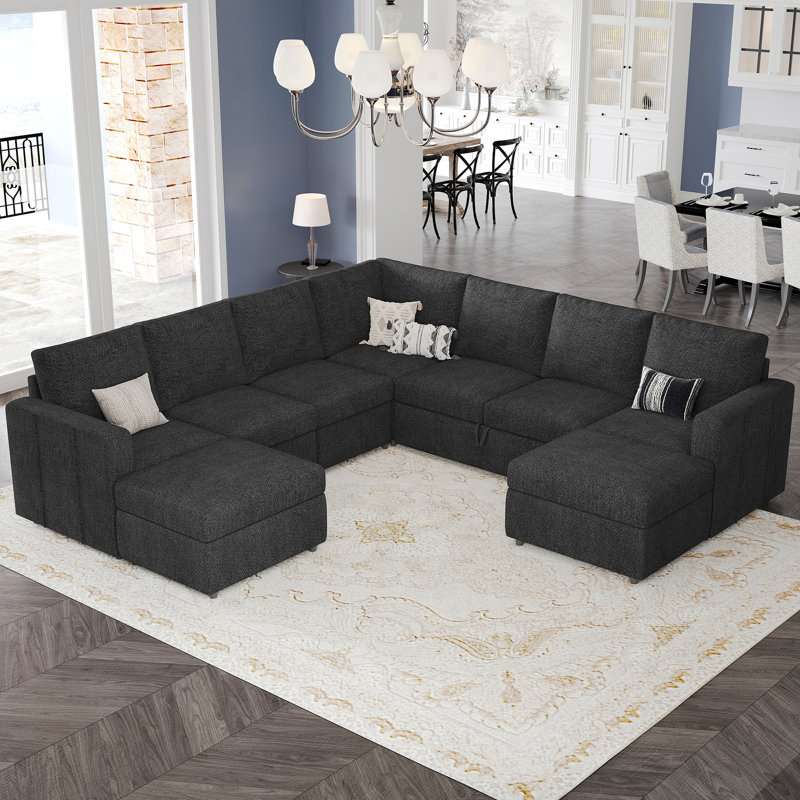 Aubade L Shaped 107 Inch Width Sectional Sofa Modular Couch Livingroom Couch With 2 Storage Ottomans, Dark Gray Chenille