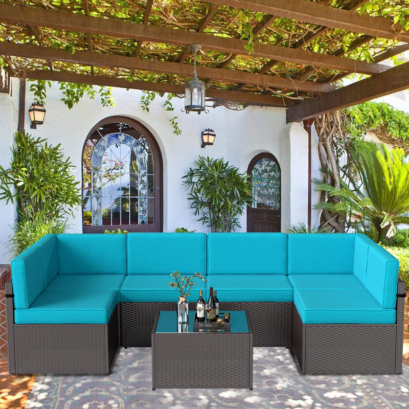 Ensemble de conversation modulaire en rotin 7 pièces avec coussins Cheik, Turquoise