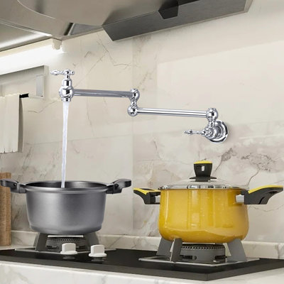 Over Stove Wall Mount Pot Filler,with Stretchable Double Joint Swing Arm
