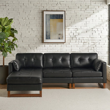 Neven 3 - Piece 100.5'' Mid Century Modern Genuine Leather Modular Sectional Sofa with Pillow