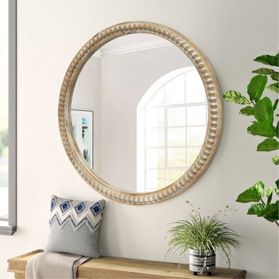 Miroir mural rond rond, miroir à cadre perlé en bois vieilli 35,43 po pour hall d'entrée, salon, salle de bain, miroir décoratif de style maison de campagne