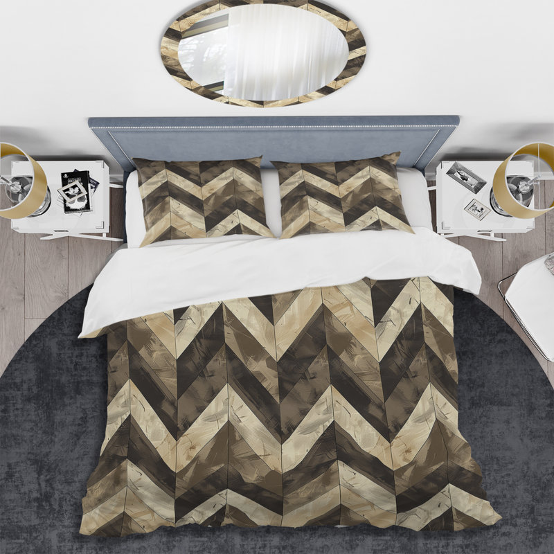 Ensemble de housse de couette moderne à motif de chevrons brun et gris, Housse de couette simple et deux taies décorative