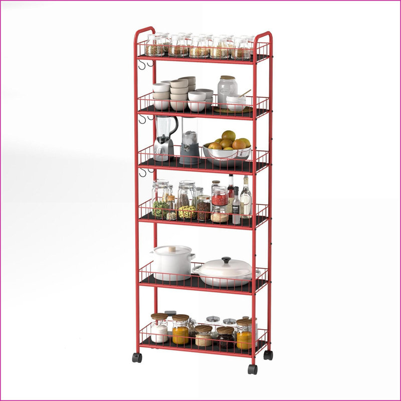 Chariot de rangement à roulettes 6 niveaux, fil métallique rouge cramoisi avec paniers Roues pour petits espaces | Métal | Cuisine