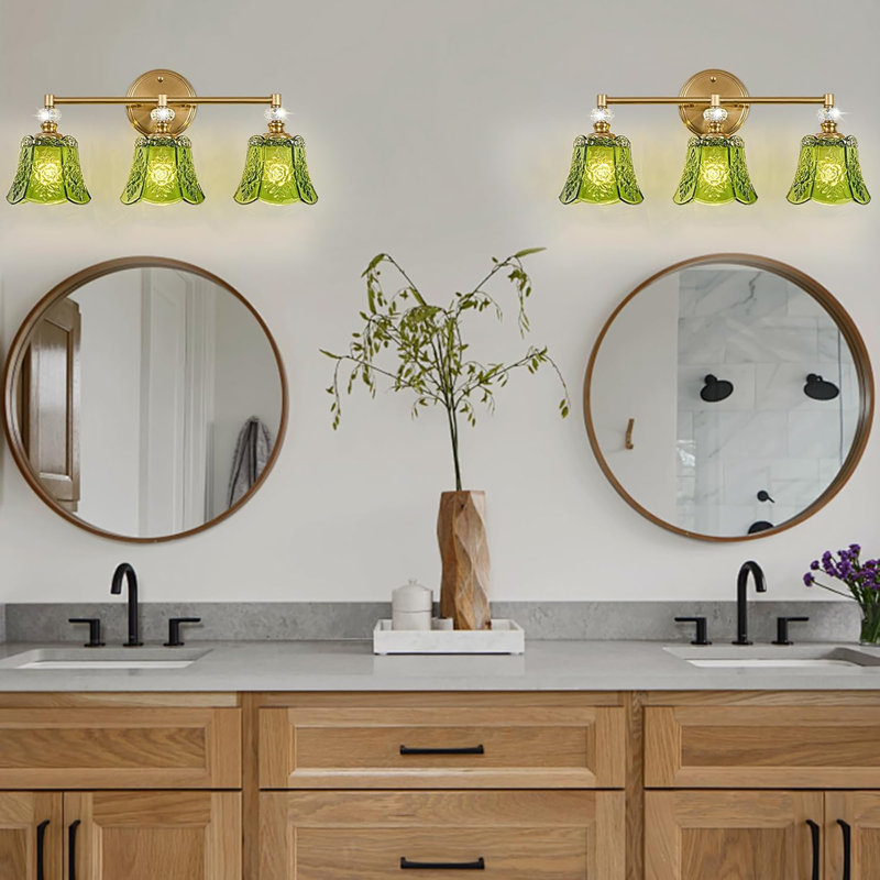 Luminaire de meuble-lavabo rétro, 3 lumières avec abat-jour en cristal rose, rétro, Vert, Nickel brossé