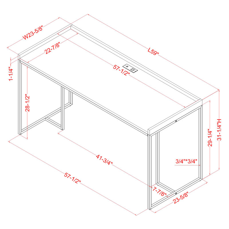 Decker 59'' W Metal Base Writing Desk with Power Outlet, Black