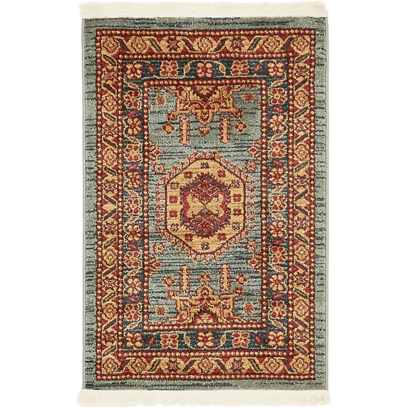 Tapis bleu clair tissé à la machine Eesi, Rectangle 2 pi 2 po x 3 pi 1 po