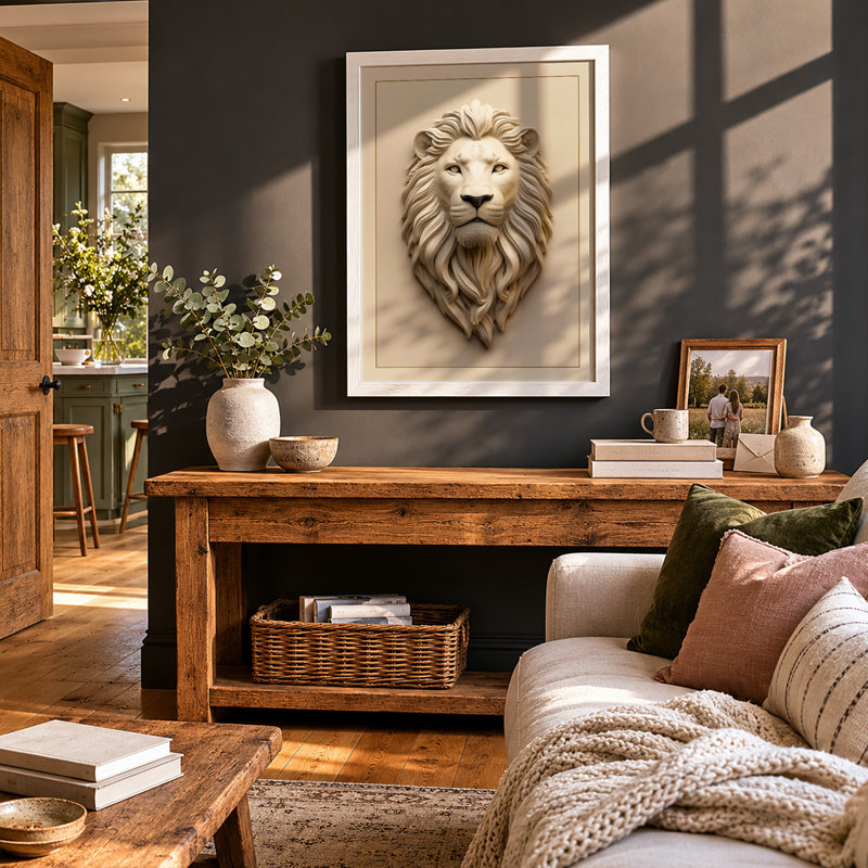 Carved Lion in Stone Rustic - Framed Print, A2 - 59.4 x 42.0 cm, White