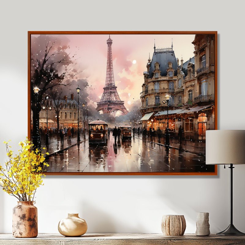 «Pink Twilight Rendezvous In Paris I», art mural de Paris pour le salon, H 16 po x l 32 po, Reproduction avec cadre flottant