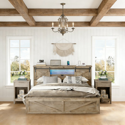 3-Pieces Bedroom Sets ,Farmhouse Bed Frame Queen Size With LED Lights And Charging Station,Nightstands Set Of 2 With 2-Drawer