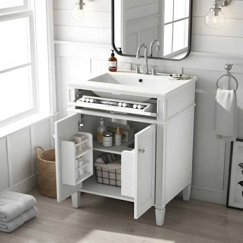Meuble-lavabo de 24 po avec lavabo et rangement polyvalent, Blanc