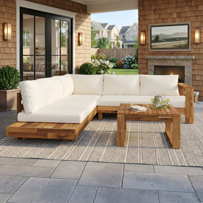 Ensemble de canapé modulaire d'extérieur en bois d'acacia 4 pièces, conception à lattes, coussins moelleux résistants à l'eau, pour jardin, balcon