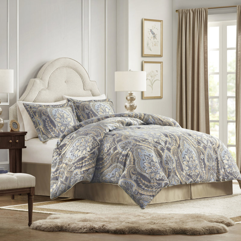 Ensemble de 4 édredons très grand - bleu / gris, texture chenille, édredon bleu / gris, taies décoratives, design élégant