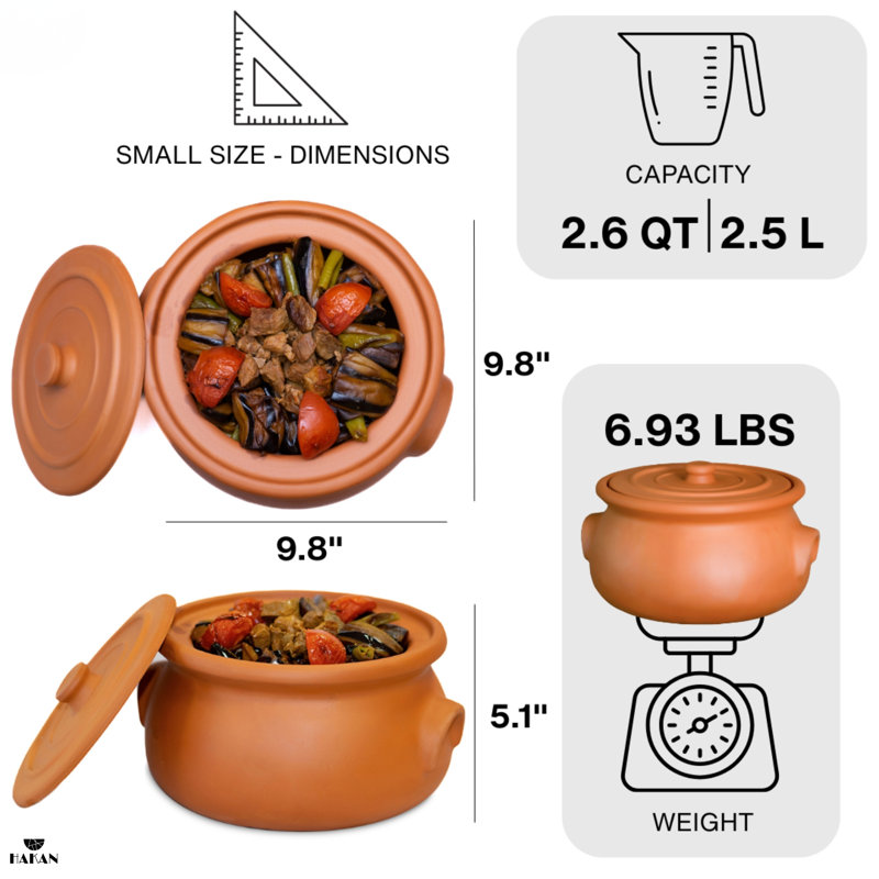 Pot en argile fabriqué à la main Hakan, couvercle, non émaillé, petit, 2,6 pte, 2,5 L