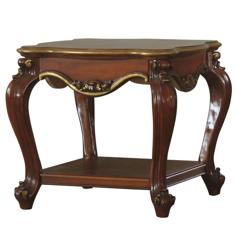 Table de bout carrée en chêne miel avec tablette rectangulaire et charme festonné