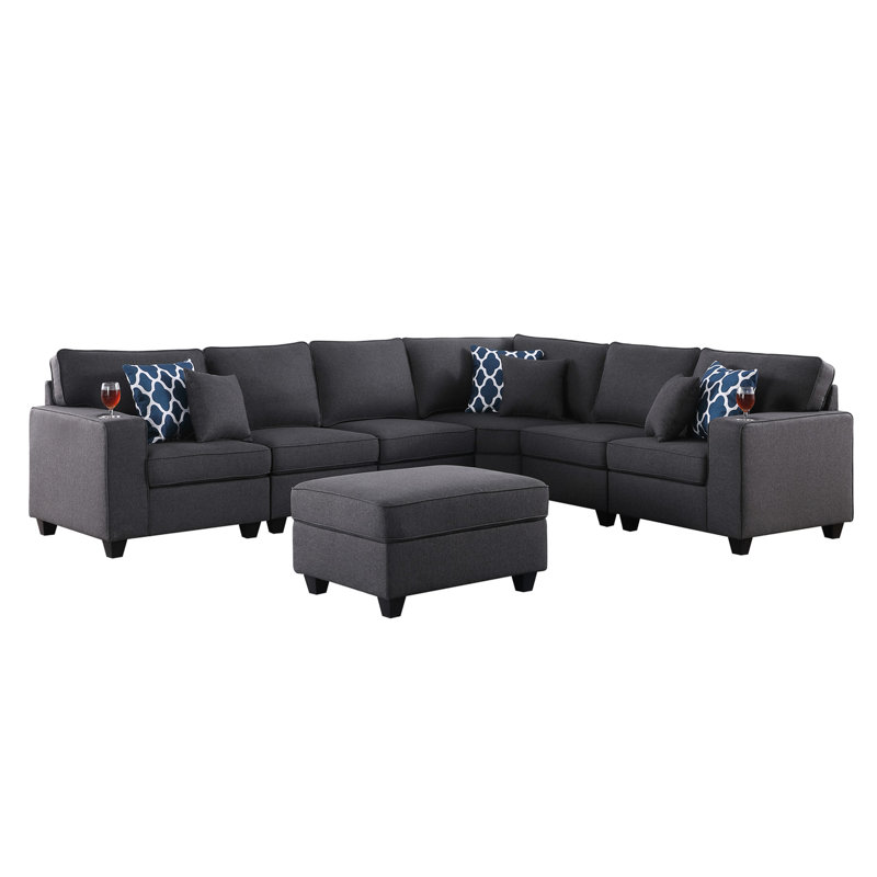 Canapé modulaire réversible 125 po en lin gris foncé, 7 pièces, porte-gobelets intégrés, pieds en plastique brun de 3,25 po, hauteur de l'assise: 17,75 po