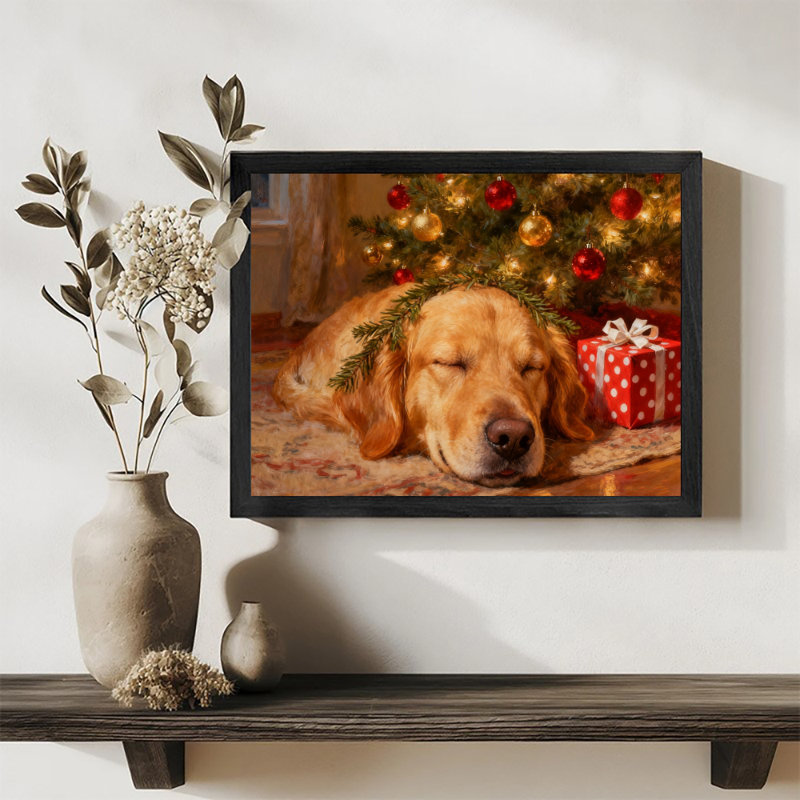 Noir rétro encadré noir - Chiens gardant des cadeaux, art mural, impressions de style rétro, H 25 po x l 37 po