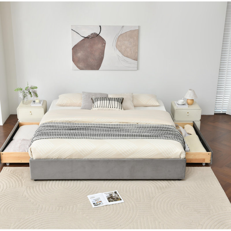 Lit plateforme tapissier avec rangement et tiroirs, Gris, Très grand