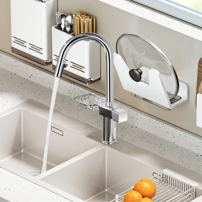 Robinet de cuisine en acier inoxydable à un trou à finition arquée à un trou avec fonction double, pivotant sur 360 ° et rangement pour couverts en acier