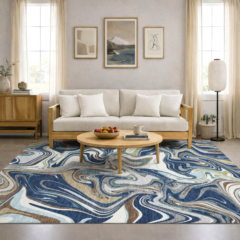 Premium Machine Washable Mayfield AMF2395 Abstract Rug, Navy, 5' x 7'6"
