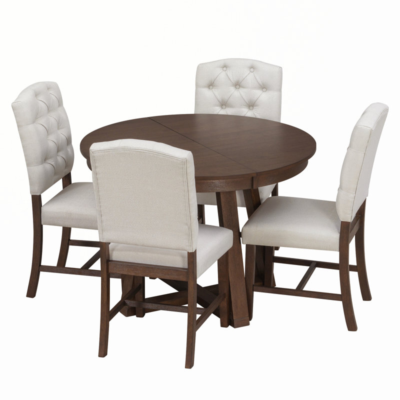 Ensemble de salle à manger 5 pièces avec table ronde, rallonge de 16 po et 4 chaises rembourrées, Walnut