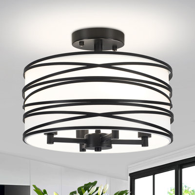 4 - Light Modern Metal And Fabric Drum Semi Flush Mount Ceiling Light Fixture For Dinning Room Living Room Bedroom Hallway Entryway Kitchen