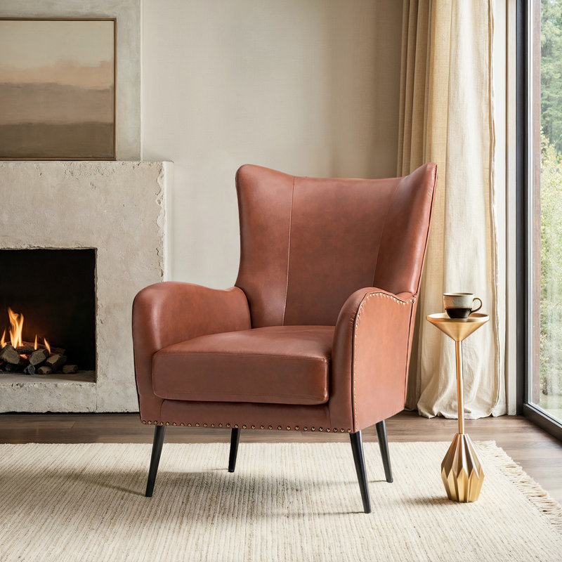 Ebbert 30" W Faux Leather Wingback Armchair with Nailhead Trim, Brown Pebbled Faux Leather