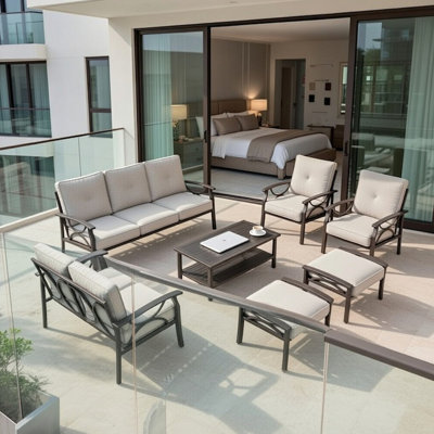 Ensemble de meubles de patio en métal 7 pièces, canapé de conversation 9 places toutes saisons avec structure de coussins gris épais de 4 pouces, table basse et repose-pieds pour la cour arrière