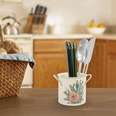 Kitchen Utensil Holder, 4 Compartment Utensil Bucket with Drainer Hole White