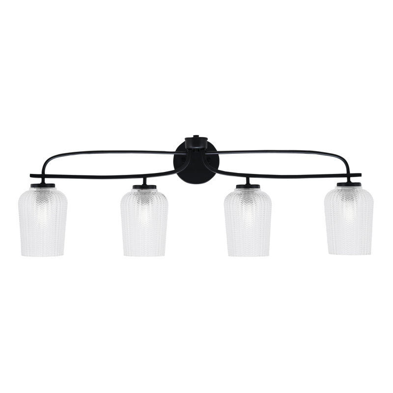 Barre d'éclairage de salle de bain 4 lumières Cavella au fini noir mat avec verre texturé de 5 po, Blanc