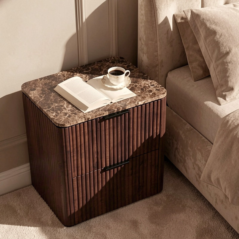 23"W Nightstands with 2-drawer, Nightstand with 3-sided Fluted Panels and Faux Marble Top