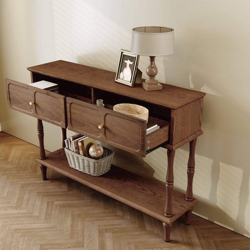 Mid-Century Console Table with 2 Doors for Entry and Living Room,Brown, Brown