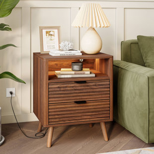 19.7" Nightstand With 2 Drawers & Open Shelf, Bedside Table With LED Lights & Outlets, End Table For Bedroom Or Living Room