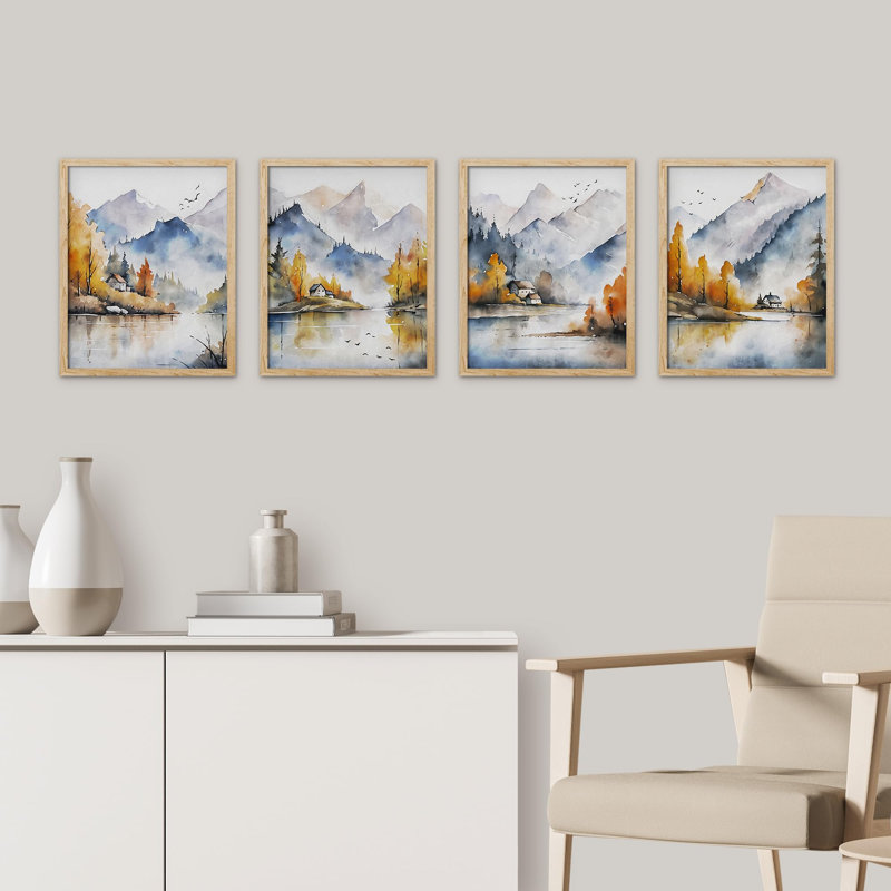 Mountain with Golden Forest Nature - Ensemble de 4 reproductions de cadres photo simples, Naturel, H 14 po x l 11 po