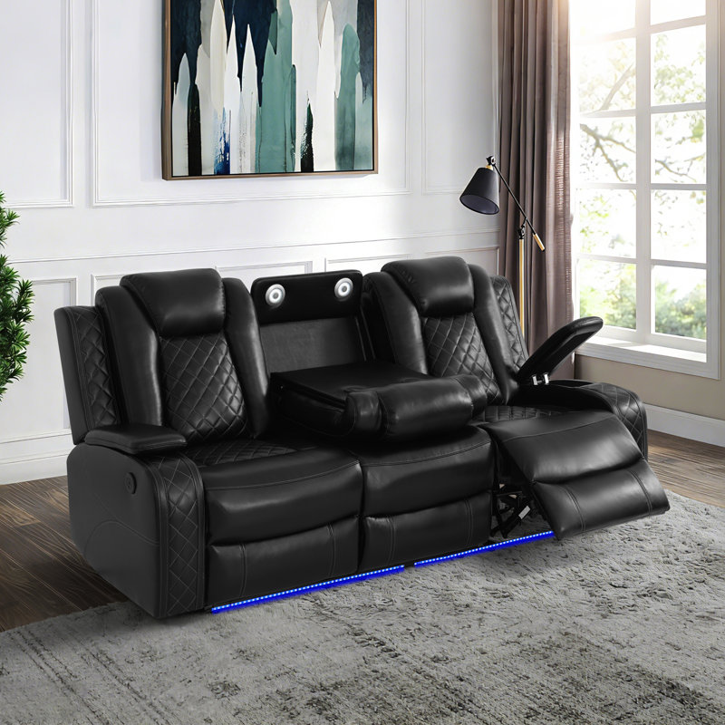 Reiya 83'' Faux Leather Reclining sora black Loveseat ,with wireless charging station, cup holders, Black Faux Leather