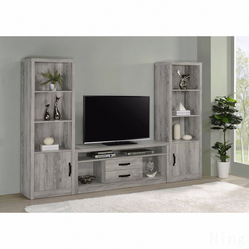Meuble audio-vidéo gris en bois flottant 3 pièces, ensemble média 3 pièces en bois flotté pour grand salon