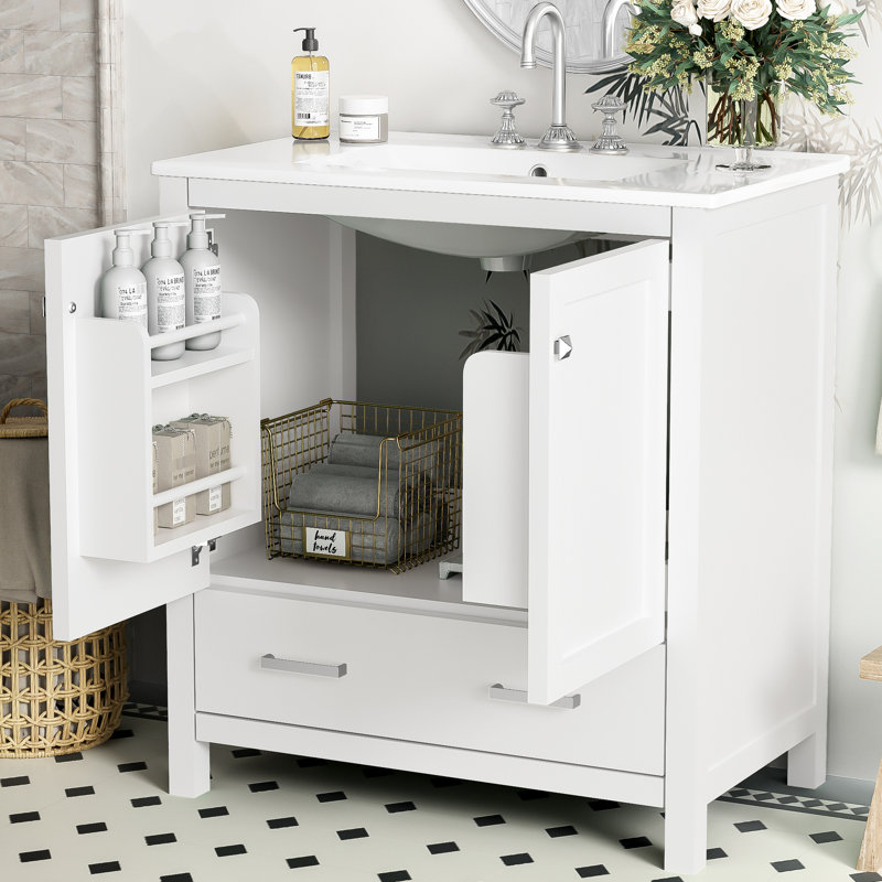 Meuble-lavabo de 30 po, armoire en bois massif avec lavabo simple, couleur blanche, 2 portes et 1 tiroir, mécanisme pour meuble-lavabo à finition silencieuse, construction, détente