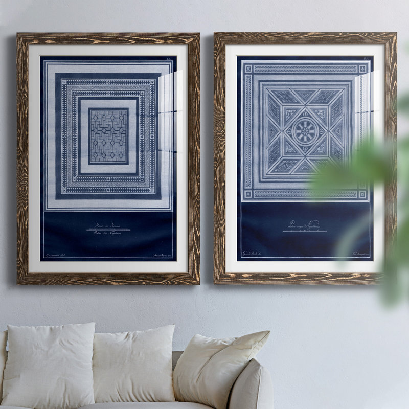 Indigo Tile IV - ensemble de 2 impressions encadrées, H 31,5 po x l 47 po x P 1,5 po, Noyer