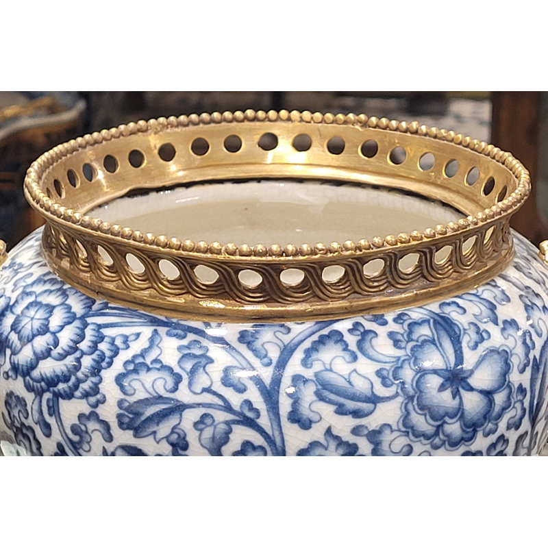Porcelain Planter With Bronze Ormolu Blue And White Floral