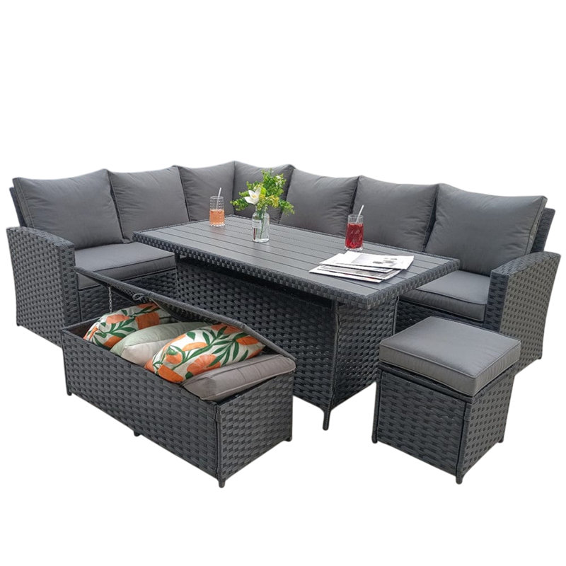 Rosen 9 Seater Aluminium Dining Table Top With Storage Bench And Stool, Black