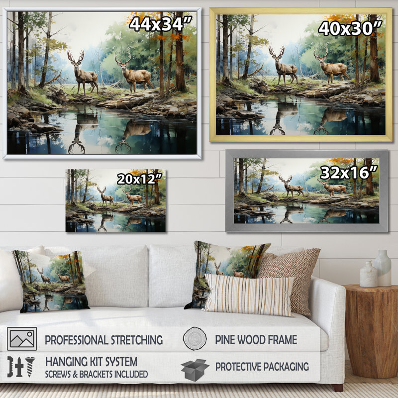 Deer Majestic Reflections - Print on Canvas, 12" H x 20" W x 1" D, Maple Floater Framed
