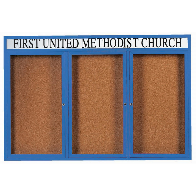 Illuminated Enclosed Wall Mounted Bulletin Board, Powder Coated Blue, Three, 48" H x 72" W