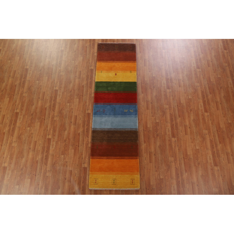 Tapis de couloir oriental rayé en laine Gabbeh noué à la main 3 x 10