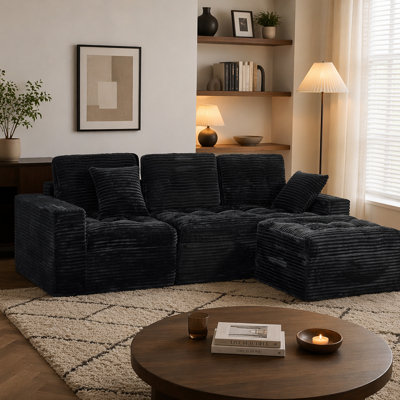 Modular Cloud Sofa Set, 105" DIY Sectional with Ottoman, Pure Foam, Faux Rabbit Fur Velvet, Comfortable Living Room Couch Black