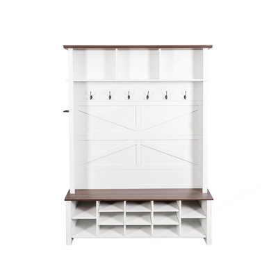 Farmhouse 4-In-1 Hall Tree With 6 Hooks Entryway Bench With Shelves,  Wooden Style Rustic Shoe Organizer With 16 Open Compartments For Mudroom, Living Room