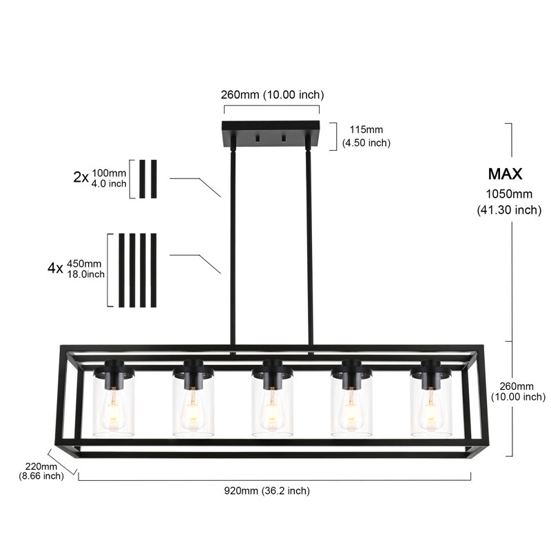 Luminaire suspendu rectangulaire à 5 lumières pour îlot de cuisine Daielle, Noir