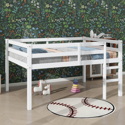 Lit mezzanine double avec échelle et garde-corps, cadre de lit bas avec espace de rangement, cadre de lit mezzanine en bois d'hévéa pour enfants adolescents