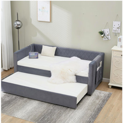 Lit de jour en velours gris, structure de lit en bois robuste, conception coulissante en losange moderne, parfaite pour les meubles de chambre à coucher et de salon
