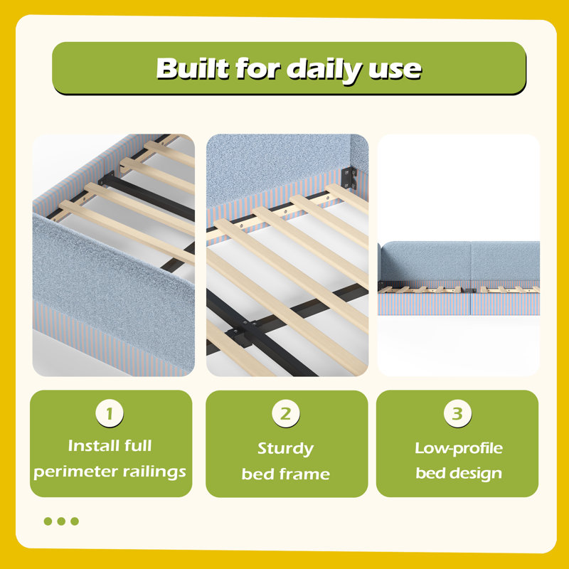 Structure de lit rembourré en molleton pour enfants, lit semi-fermé Montessori pour garçons et filles, lit plateforme à profil bas avec garde-corps latéraux